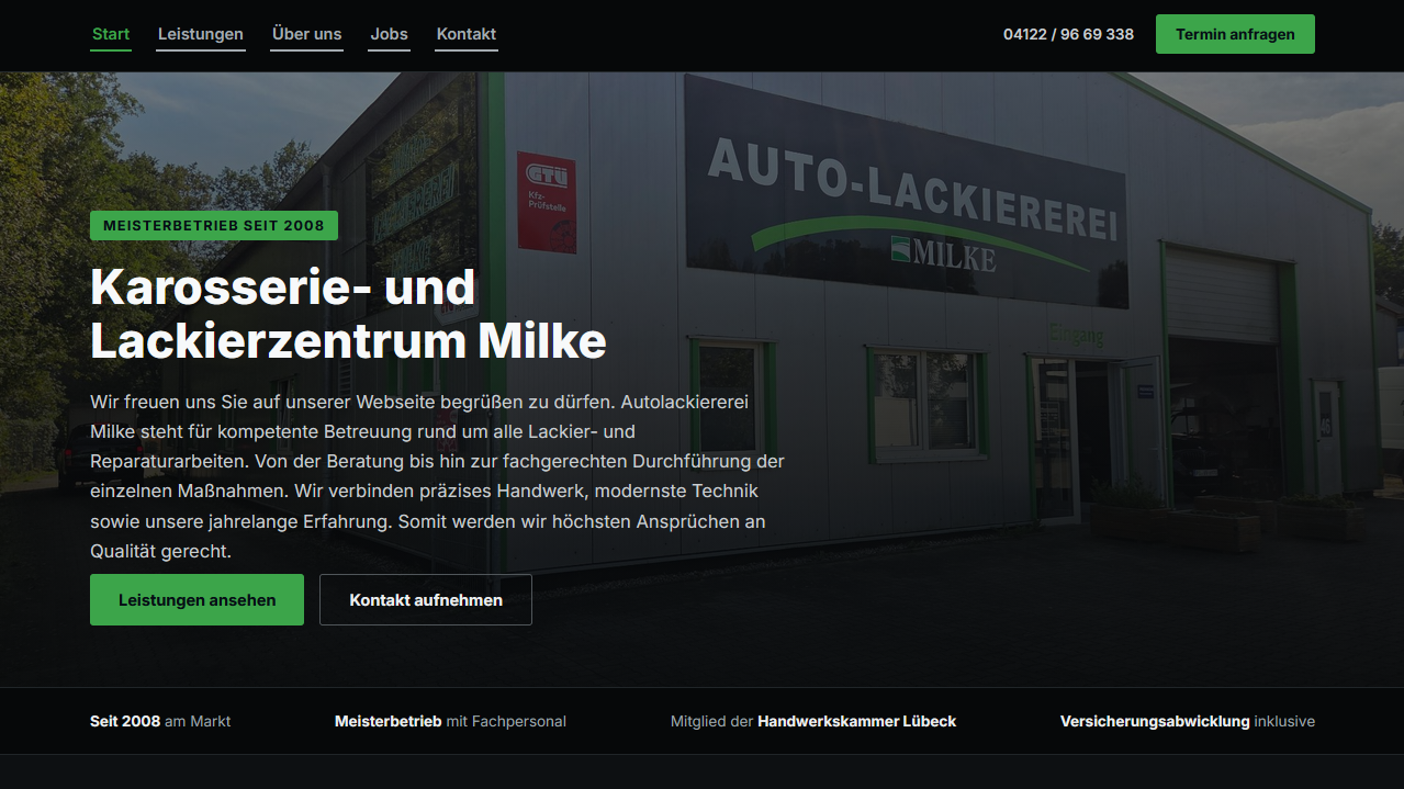 Startseite der Website der Autolackiererei Milke